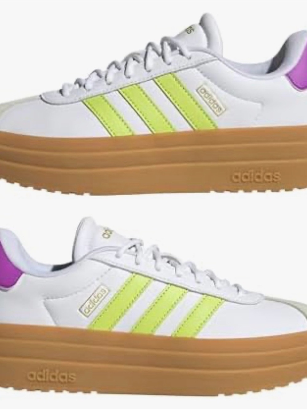 NEW adidas White Platform Sneakers with Neon Lime Stripes and Gum Sole